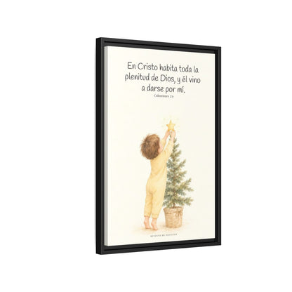 En Cristo habita la plenitud de Dios — Lienzo Cristiano Enmarcado | Colosenses 2:9 — 16×24 pulgadas, marco negro, vista lateral del marco flotante
