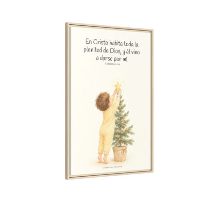 En Cristo habita la plenitud de Dios — Lienzo Cristiano Enmarcado | Colosenses 2:9 — 24×36 pulgadas, marco natural, vista lateral del marco flotante