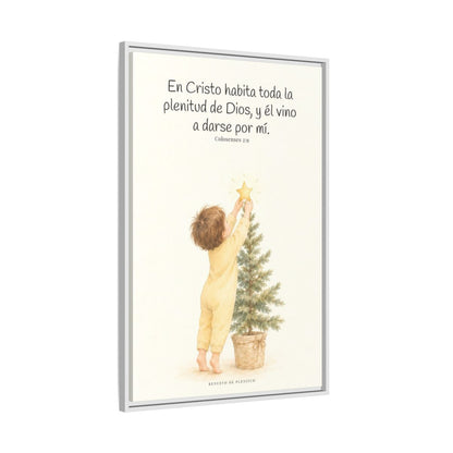 En Cristo habita la plenitud de Dios — Lienzo Cristiano Enmarcado | Colosenses 2:9 — 24×36 pulgadas, marco blanco, vista lateral del marco flotante
