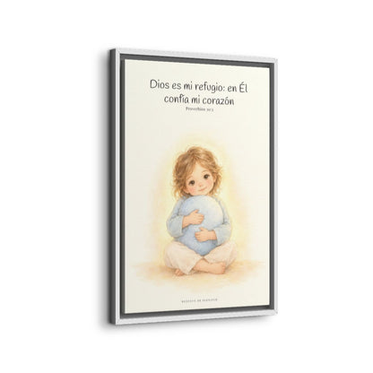 En Dios encuentro mi refugio | Cuadro bíblico para el hogar | Proverbios 30:5 — 16×24 pulgadas, marco blanco, vista lateral del marco flotante