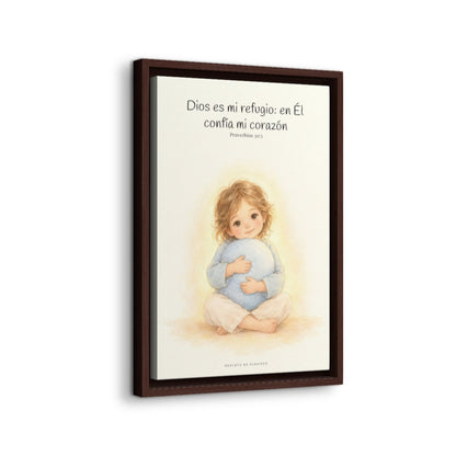 En Dios encuentro mi refugio | Cuadro bíblico para el hogar | Proverbios 30:5 — 12×18 pulgadas, marco espresso, vista lateral del marco flotante