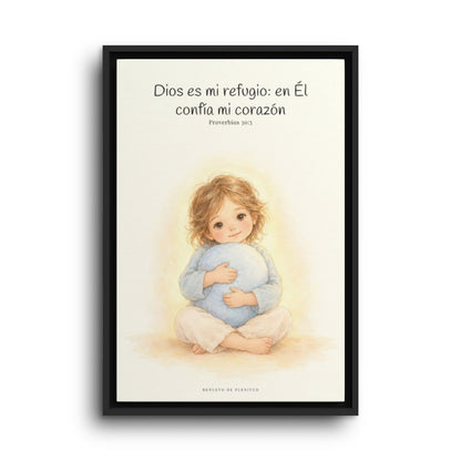 En Dios encuentro mi refugio | Cuadro bíblico para el hogar | Proverbios 30:5 — 16×24 pulgadas, marco negro, vista frontal