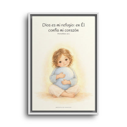 En Dios encuentro mi refugio | Cuadro bíblico para el hogar | Proverbios 30:5 — 16×24 pulgadas, marco blanco, vista frontal
