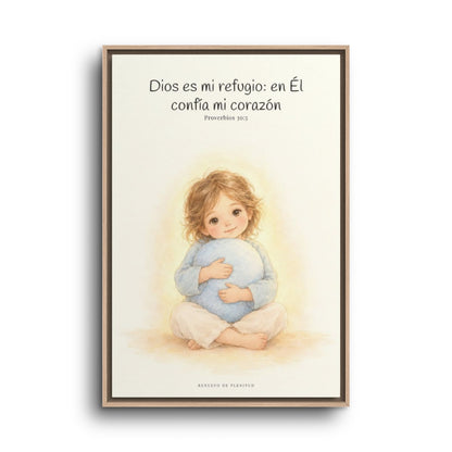 En Dios encuentro mi refugio | Cuadro bíblico para el hogar | Proverbios 30:5 — 24×36 pulgadas, marco natural, vista frontal