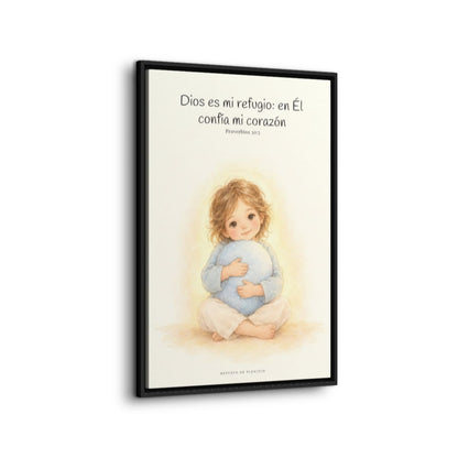 En Dios encuentro mi refugio | Cuadro bíblico para el hogar | Proverbios 30:5 — 24×36 pulgadas, marco negro, vista lateral del marco flotante