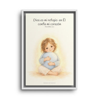En Dios encuentro mi refugio | Cuadro bíblico para el hogar | Proverbios 30:5 — 12×18 pulgadas, marco blanco, vista frontal