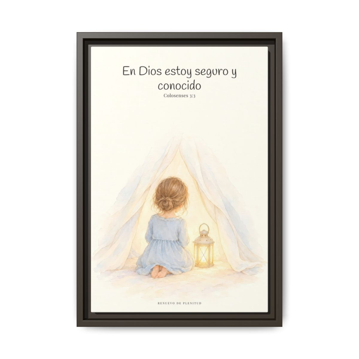 En Dios estoy seguro y conocido — Lienzo Cristiano Enmarcado | Colosenses 3:3 — 12×18 pulgadas, marco espresso, vista frontal