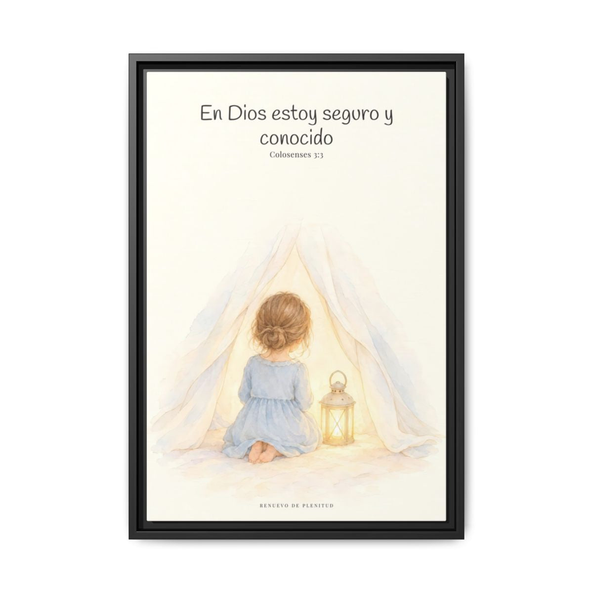 En Dios estoy seguro y conocido — Lienzo Cristiano Enmarcado | Colosenses 3:3 — 16×24 pulgadas, marco negro, vista frontal