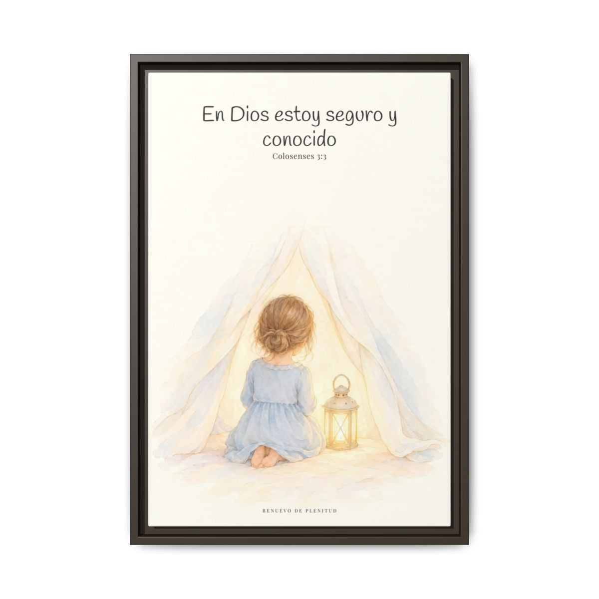 En Dios estoy seguro y conocido — Lienzo Cristiano Enmarcado | Colosenses 3:3 — 16×24 pulgadas, marco espresso, vista frontal