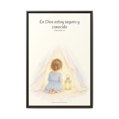 En Dios estoy seguro y conocido — Lienzo Cristiano Enmarcado | Colosenses 3:3 — 24×36 pulgadas, marco espresso, vista frontal