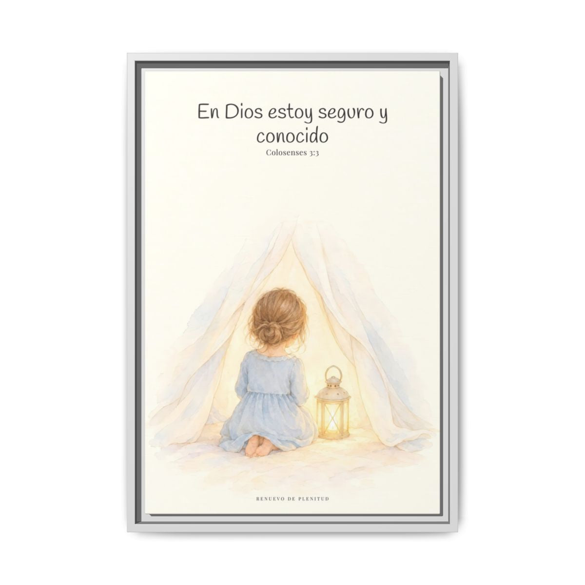 En Dios estoy seguro y conocido — Lienzo Cristiano Enmarcado | Colosenses 3:3 — 16×24 pulgadas, marco blanco, vista frontal