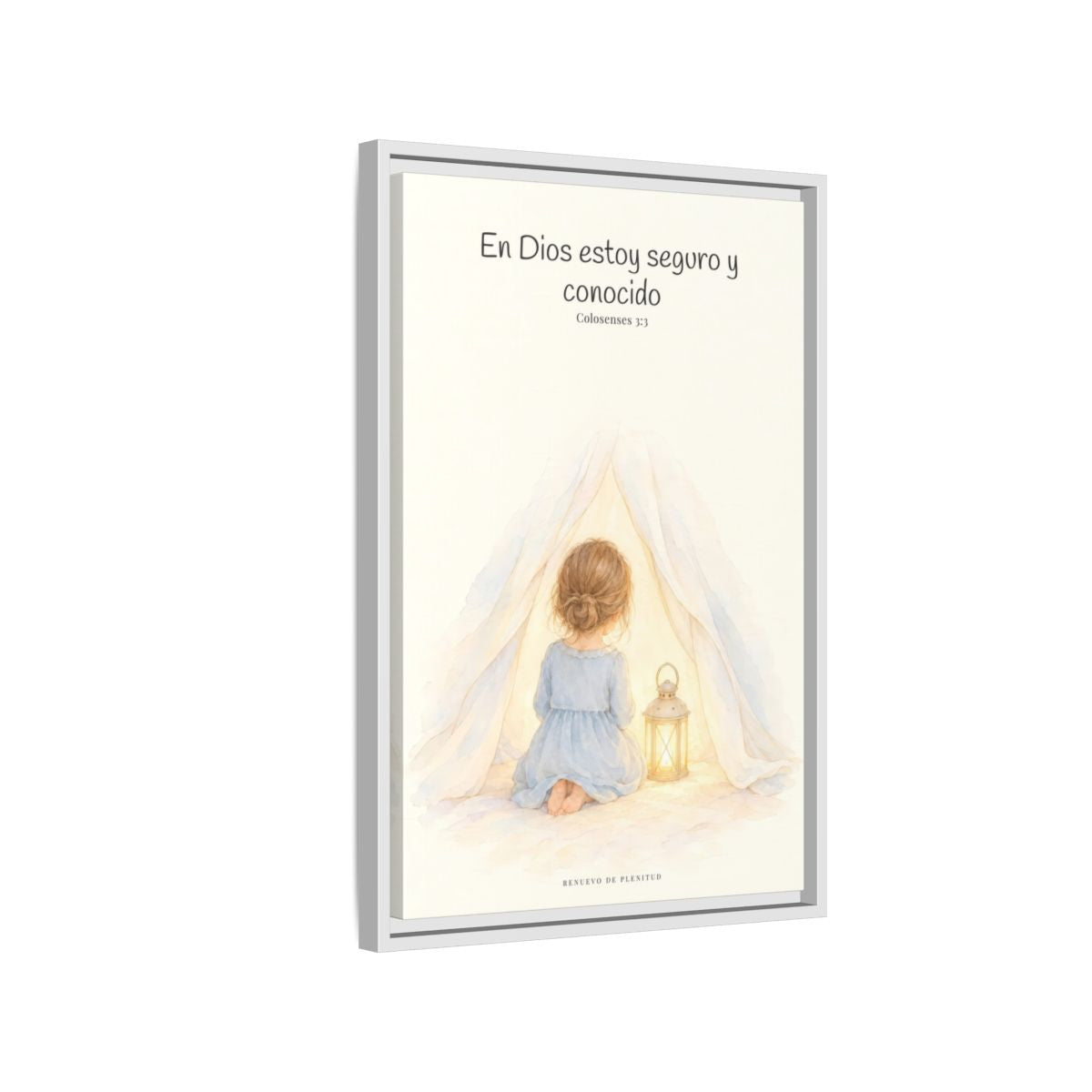 En Dios estoy seguro y conocido — Lienzo Cristiano Enmarcado | Colosenses 3:3 — 16×24 pulgadas, marco blanco, vista lateral del marco flotante