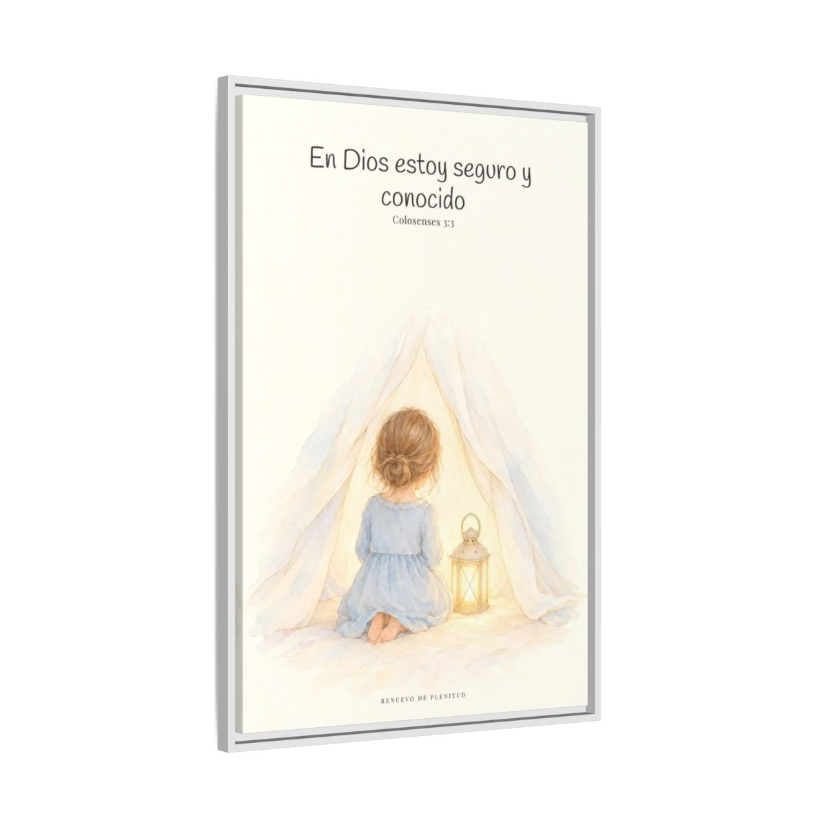 En Dios estoy seguro y conocido — Lienzo Cristiano Enmarcado | Colosenses 3:3 — 24×36 pulgadas, marco blanco, vista lateral del marco flotante