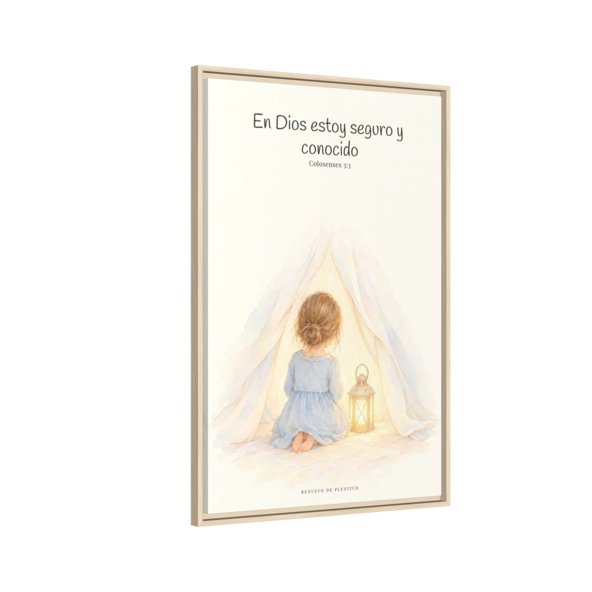 En Dios estoy seguro y conocido — Lienzo Cristiano Enmarcado | Colosenses 3:3 — 24×36 pulgadas, marco natural, vista lateral del marco flotante