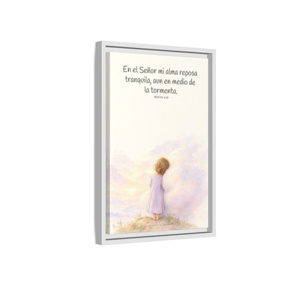 En el Señor mi alma reposa tranquila | Lienzo de fe para el hogar | Marcos 4:39 — 12×18 pulgadas, marco blanco, vista lateral del marco flotante