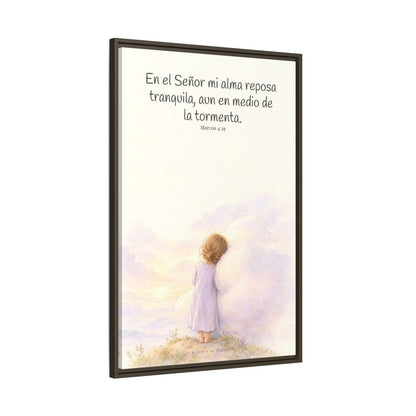 En el Señor mi alma reposa tranquila | Lienzo de fe para el hogar | Marcos 4:39 — 24×36 pulgadas, marco espresso, vista lateral del marco flotante