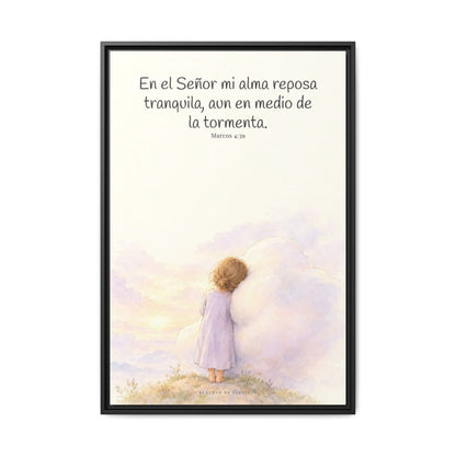 En el Señor mi alma reposa tranquila | Lienzo de fe para el hogar | Marcos 4:39 — 24×36 pulgadas, marco negro, vista frontal