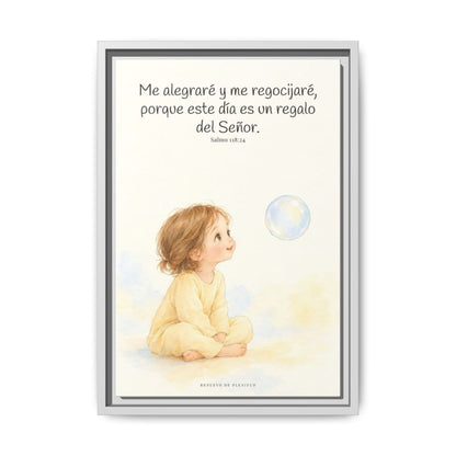 En este día me regocijaré en el Señor — Lienzo Cristiano Enmarcado | Salmo 118:24 — 12×18 pulgadas, marco blanco, vista frontal