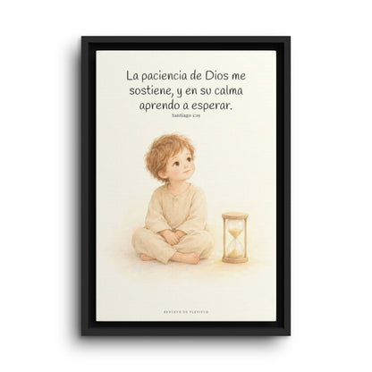 En la paciencia de Dios encuentro reposo | Cuadro de fe enmarcado | Santiago 1:19 — 12×18 pulgadas, marco negro, vista frontal