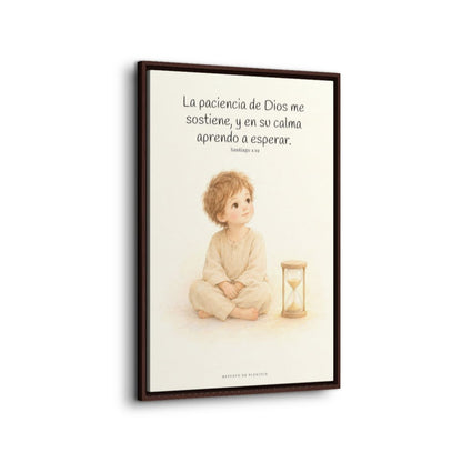 En la paciencia de Dios encuentro reposo | Cuadro de fe enmarcado | Santiago 1:19 — 24×36 pulgadas, marco espresso, vista lateral del marco flotante