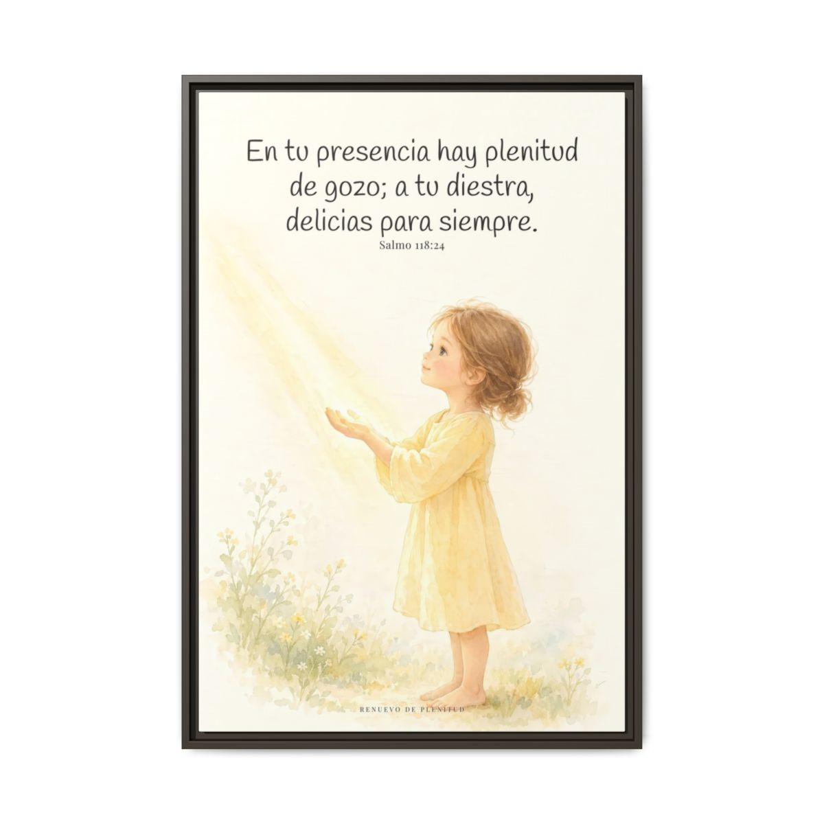 En la presencia de Jehová hay plenitud de gozo — Lienzo Cristiano Enmarcado | Salmo 118:24 — 24×36 pulgadas, marco espresso, vista frontal