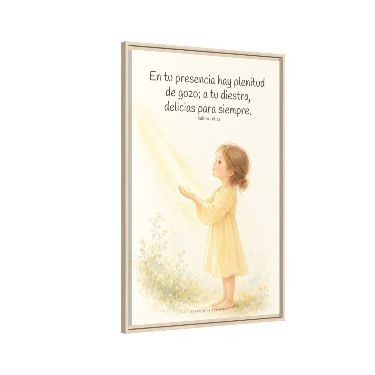 En la presencia de Jehová hay plenitud de gozo — Lienzo Cristiano Enmarcado | Salmo 118:24 — 24×36 pulgadas, marco natural, vista lateral del marco flotante
