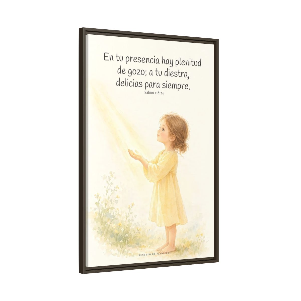 En la presencia de Jehová hay plenitud de gozo — Lienzo Cristiano Enmarcado | Salmo 118:24 — 24×36 pulgadas, marco espresso, vista lateral del marco flotante