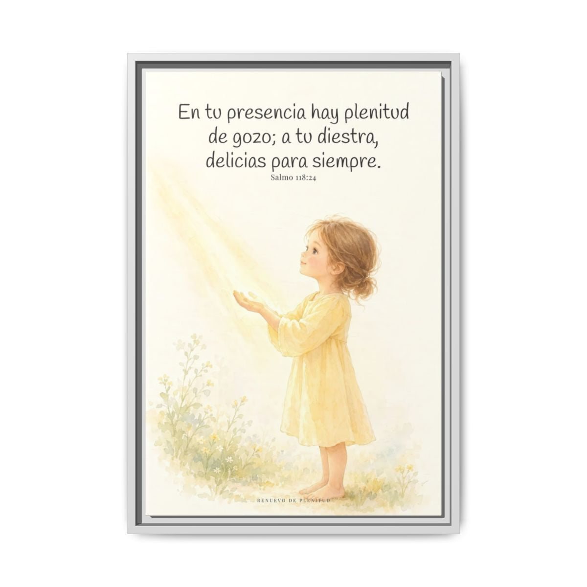 En la presencia de Jehová hay plenitud de gozo — Lienzo Cristiano Enmarcado | Salmo 118:24 — 16×24 pulgadas, marco blanco, vista frontal