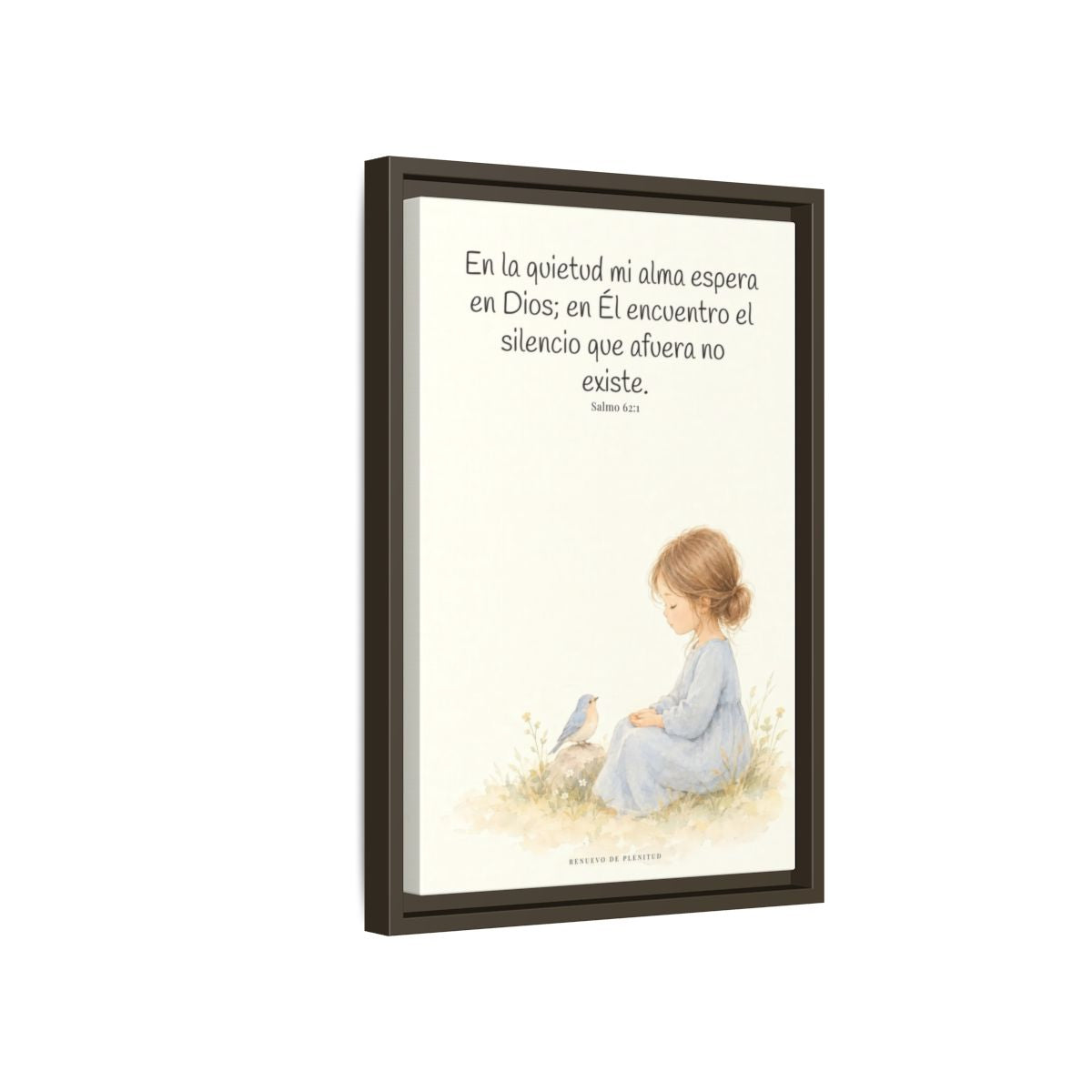 En la quietud, mi alma espera en Dios | Arte de fe en lienzo | Salmo 62:1 — 12×18 pulgadas, marco espresso, vista lateral del marco flotante