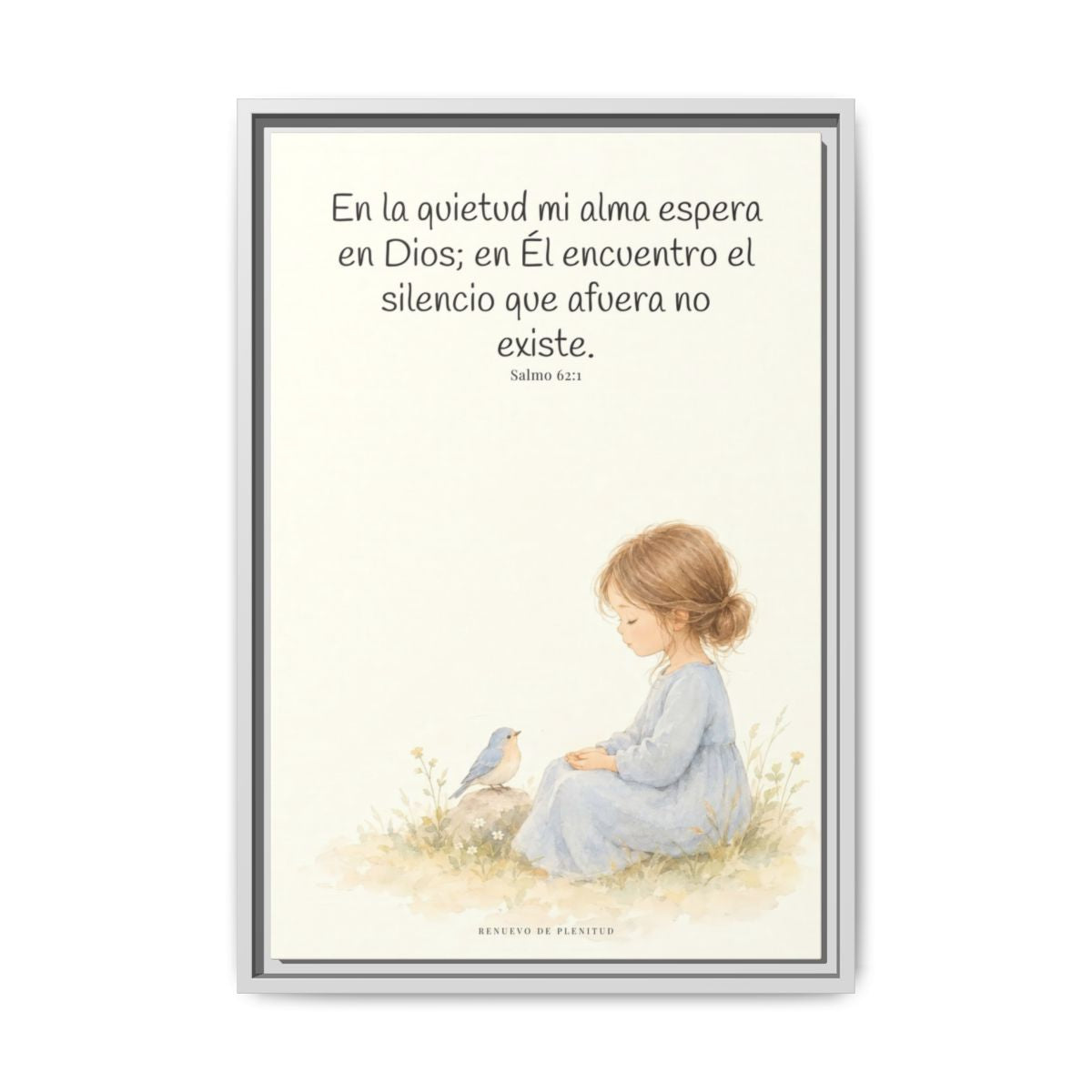 En la quietud, mi alma espera en Dios | Arte de fe en lienzo | Salmo 62:1 — 16×24 pulgadas, marco blanco, vista frontal