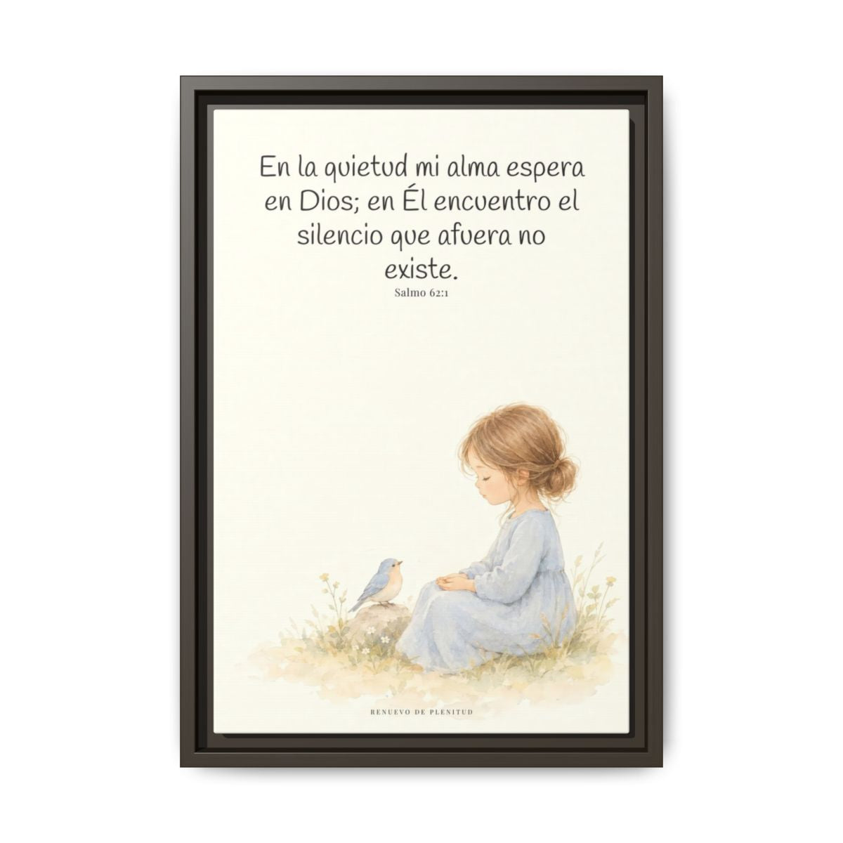 En la quietud, mi alma espera en Dios | Arte de fe en lienzo | Salmo 62:1 — 12×18 pulgadas, marco espresso, vista frontal