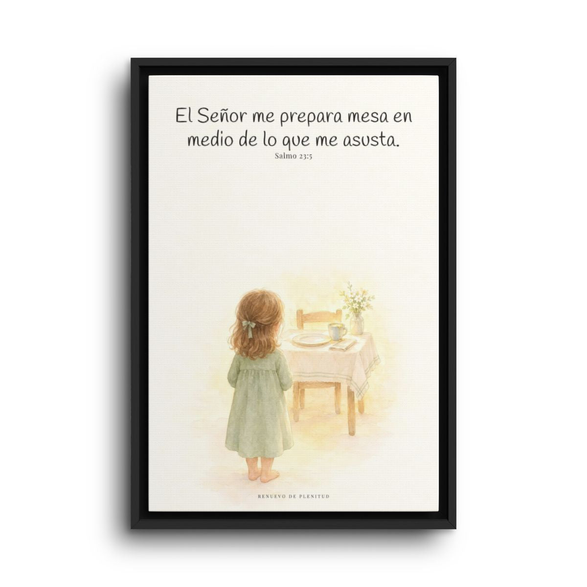 En mesa servida delante de mis angustias | Lienzo bíblico para el hogar | Salmo 23:5 — 16×24 pulgadas, marco negro, vista frontal
