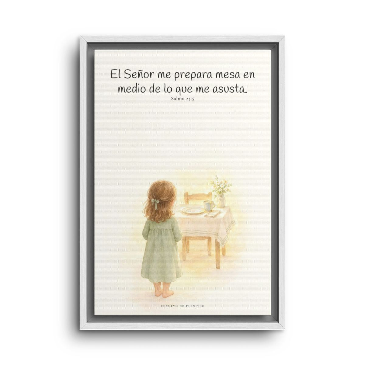 En mesa servida delante de mis angustias | Lienzo bíblico para el hogar | Salmo 23:5 — 12×18 pulgadas, marco blanco, vista frontal