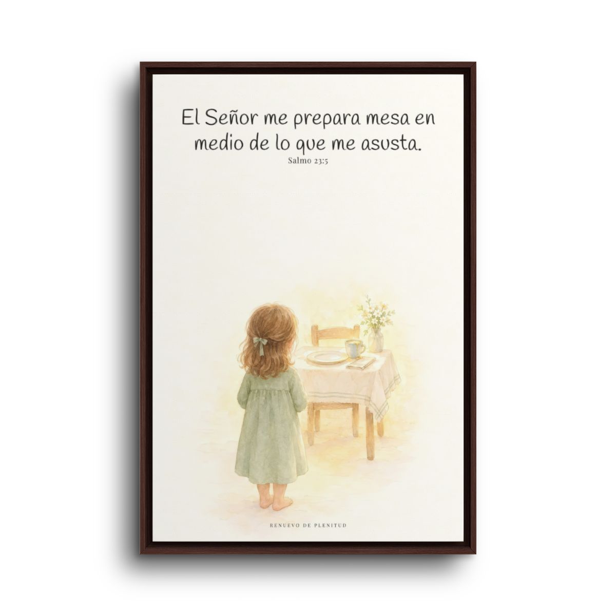 En mesa servida delante de mis angustias | Lienzo bíblico para el hogar | Salmo 23:5 — 24×36 pulgadas, marco espresso, vista frontal