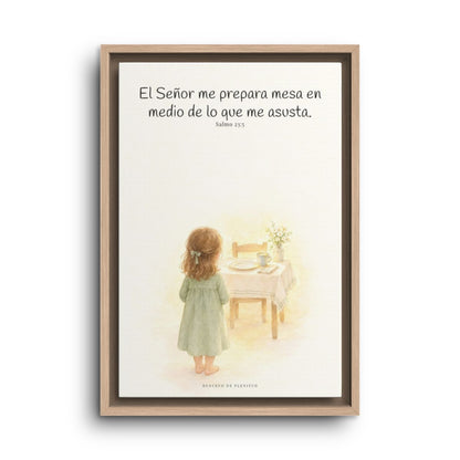 En mesa servida delante de mis angustias | Lienzo bíblico para el hogar | Salmo 23:5 — 12×18 pulgadas, marco natural, vista frontal