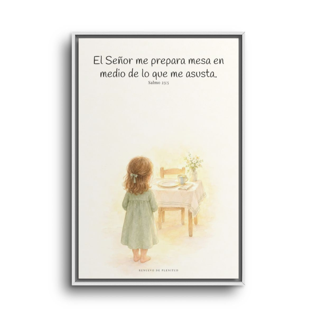 En mesa servida delante de mis angustias | Lienzo bíblico para el hogar | Salmo 23:5 — 24×36 pulgadas, marco blanco, vista frontal