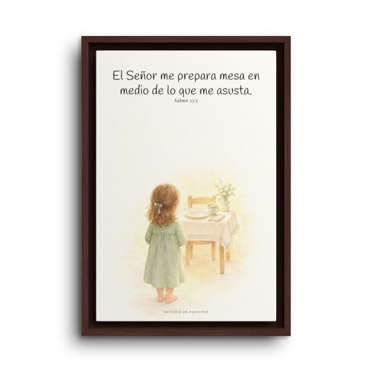 En mesa servida delante de mis angustias | Lienzo bíblico para el hogar | Salmo 23:5 — 12×18 pulgadas, marco espresso, vista frontal