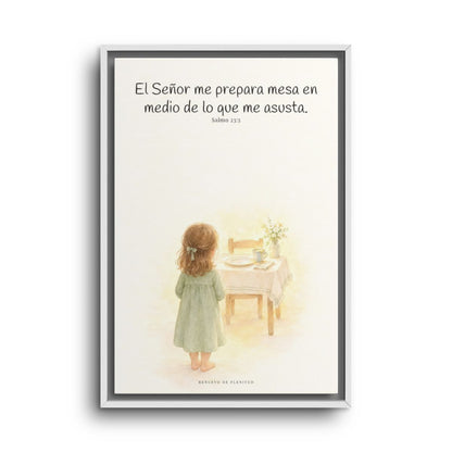 En mesa servida delante de mis angustias | Lienzo bíblico para el hogar | Salmo 23:5 — 16×24 pulgadas, marco blanco, vista frontal