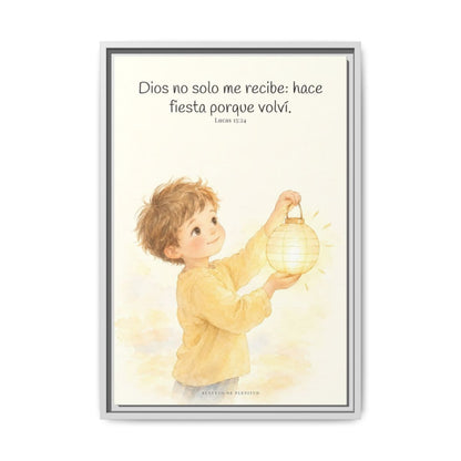 Era tiempo de hacer fiesta y regocijarnos — Lienzo Cristiano Enmarcado | Lucas 15:24 — 16×24 pulgadas, marco blanco, vista frontal