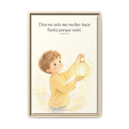 Era tiempo de hacer fiesta y regocijarnos — Lienzo Cristiano Enmarcado | Lucas 15:24 — 16×24 pulgadas, marco natural, vista frontal