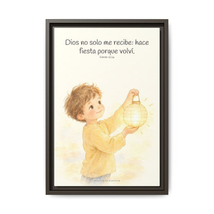 Era tiempo de hacer fiesta y regocijarnos — Lienzo Cristiano Enmarcado | Lucas 15:24 — 12×18 pulgadas, marco espresso, vista frontal