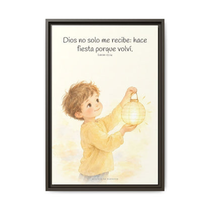 Era tiempo de hacer fiesta y regocijarnos — Lienzo Cristiano Enmarcado | Lucas 15:24 — 16×24 pulgadas, marco espresso, vista frontal
