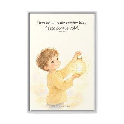 Era tiempo de hacer fiesta y regocijarnos — Lienzo Cristiano Enmarcado | Lucas 15:24 — 24×36 pulgadas, marco blanco, vista frontal