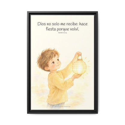 Era tiempo de hacer fiesta y regocijarnos — Lienzo Cristiano Enmarcado | Lucas 15:24 — 16×24 pulgadas, marco negro, vista frontal