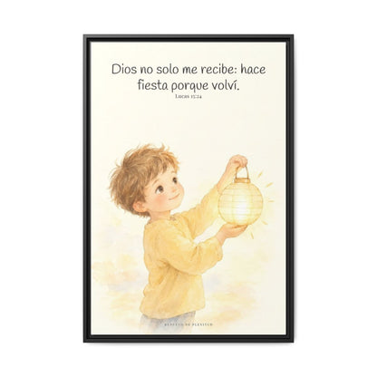 Era tiempo de hacer fiesta y regocijarnos — Lienzo Cristiano Enmarcado | Lucas 15:24 — 24×36 pulgadas, marco negro, vista frontal