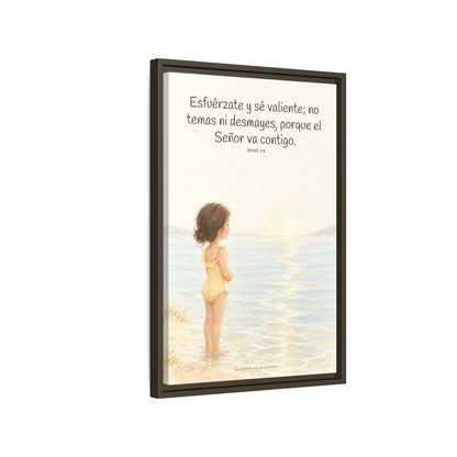 Esfuérzate y sé valiente — Lienzo Cristiano Enmarcado | Josué 1:9 — 16×24 pulgadas, marco espresso, vista lateral del marco flotante