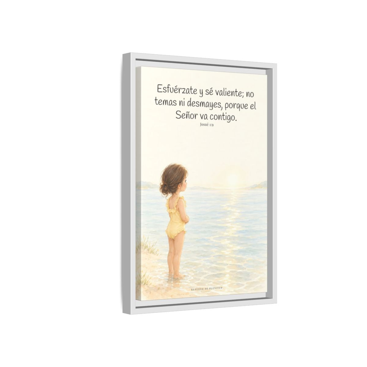 Esfuérzate y sé valiente — Lienzo Cristiano Enmarcado | Josué 1:9 — 12×18 pulgadas, marco blanco, vista lateral del marco flotante