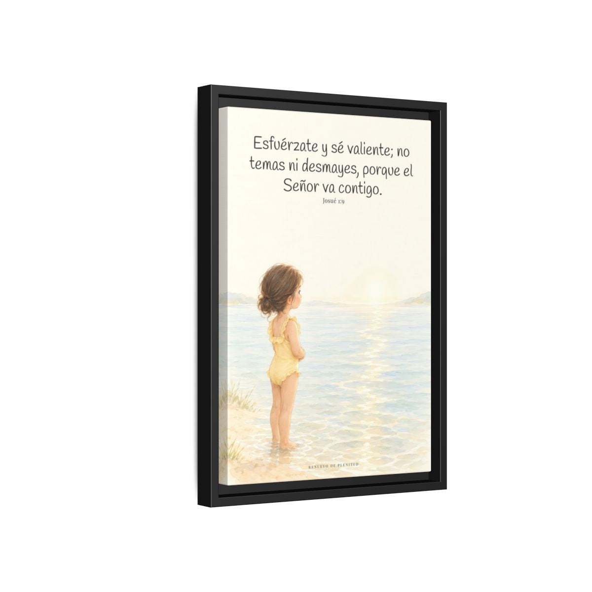 Esfuérzate y sé valiente — Lienzo Cristiano Enmarcado | Josué 1:9 — 12×18 pulgadas, marco negro, vista lateral del marco flotante