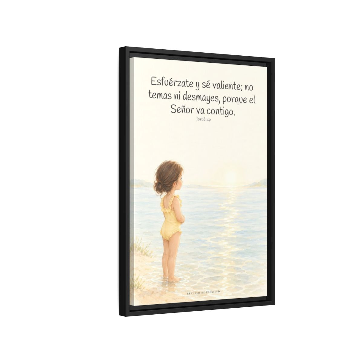 Esfuérzate y sé valiente — Lienzo Cristiano Enmarcado | Josué 1:9 — 16×24 pulgadas, marco negro, vista lateral del marco flotante