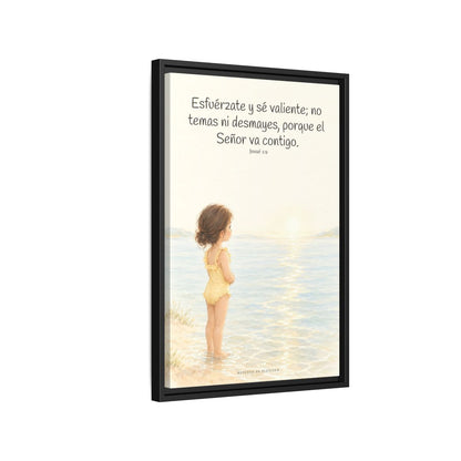 Esfuérzate y sé valiente — Lienzo Cristiano Enmarcado | Josué 1:9 — 16×24 pulgadas, marco negro, vista lateral del marco flotante
